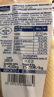 Parmigiano Reggiano Dop - Nutrition facts - it