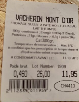 Vacherin Mont D'Or - Tableau nutritionnel