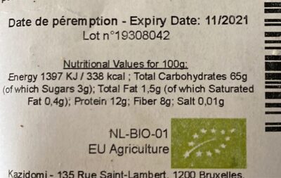 Couscous Complet en vrac Bio - Información nutricional - en
