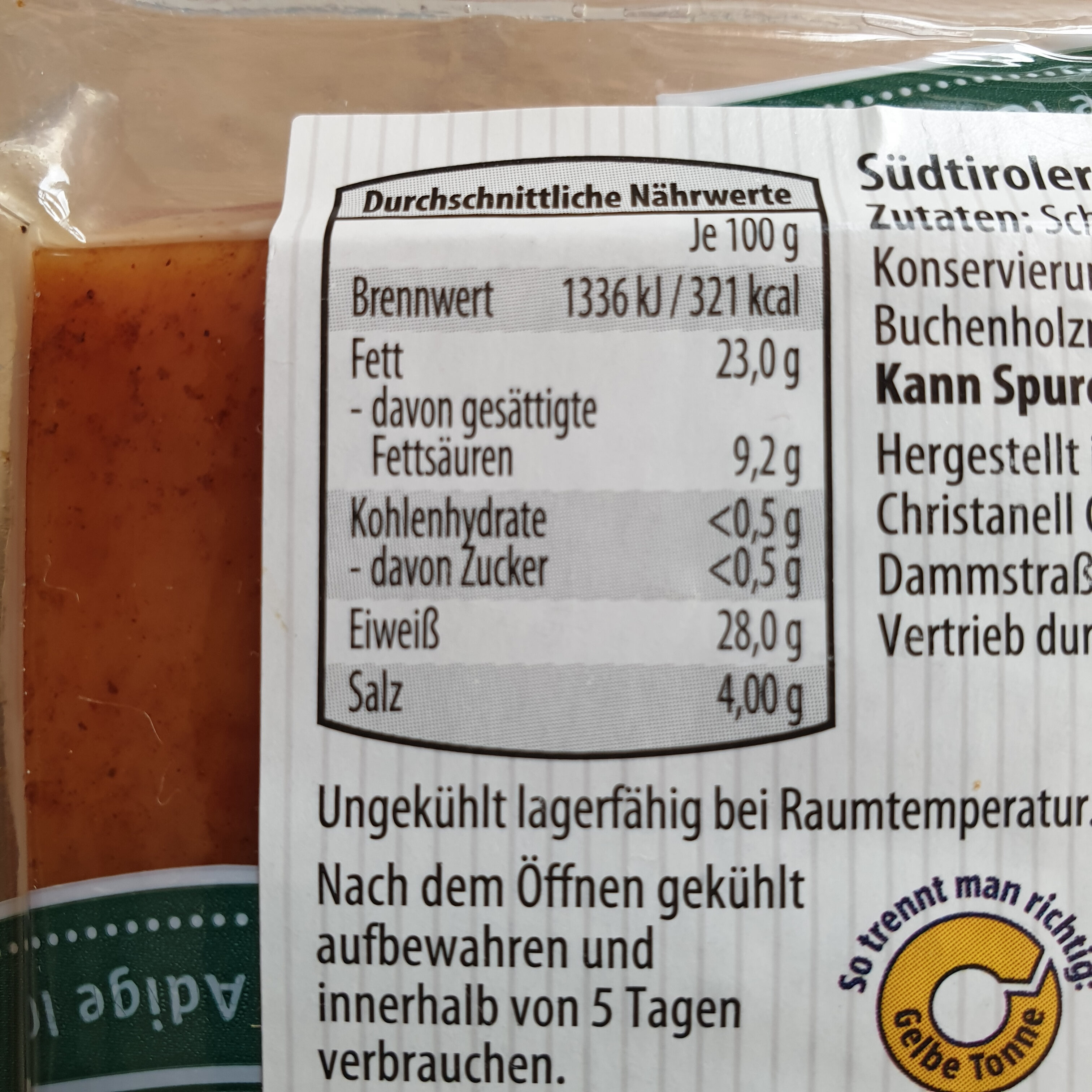 Südtiroler Speck - Schinkenspeck - Nutrition facts - de