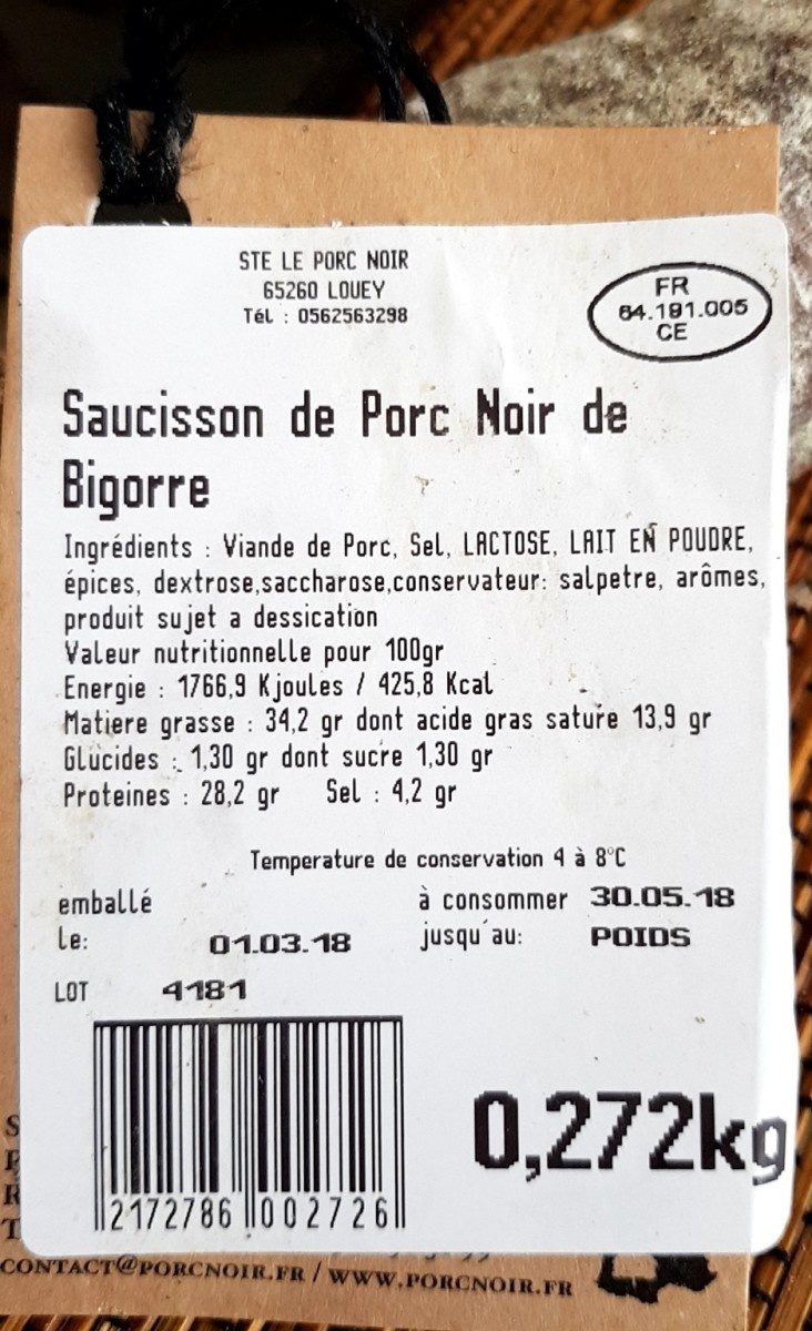 Saucisson Le Noir de Bigorre - Ingrédients