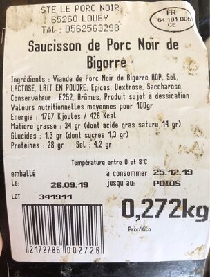 Saucisson Le Noir de Bigorre - Tableau nutritionnel