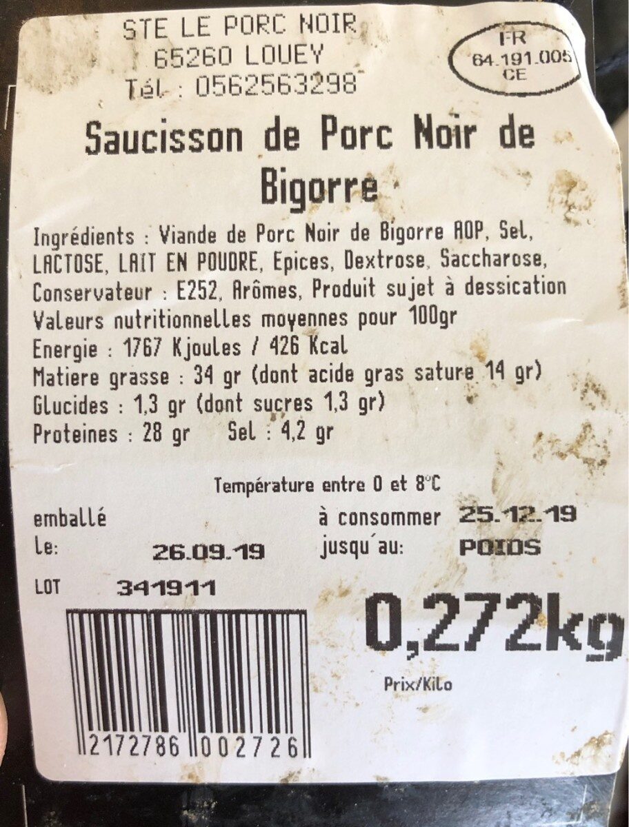 Saucisson Le Noir de Bigorre - Tableau nutritionnel