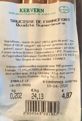 Saucisses de francfort - Nutrition facts - fr