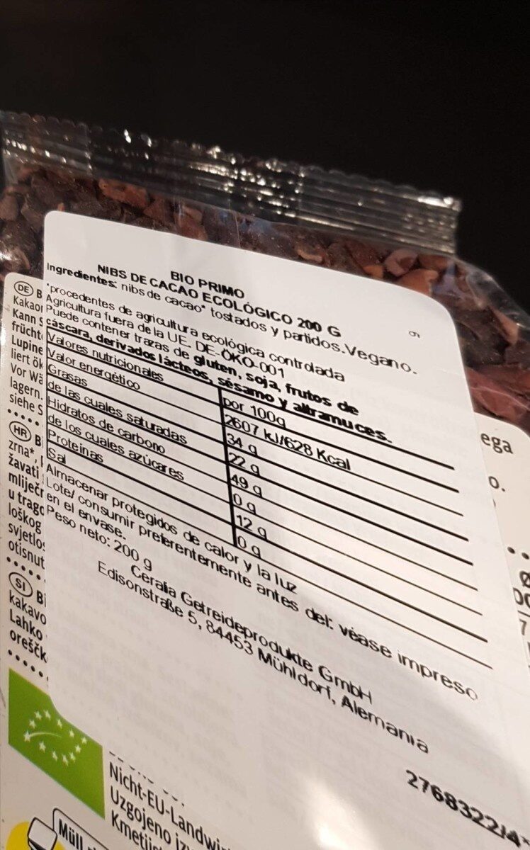 Nibs de cacao - Información nutricional