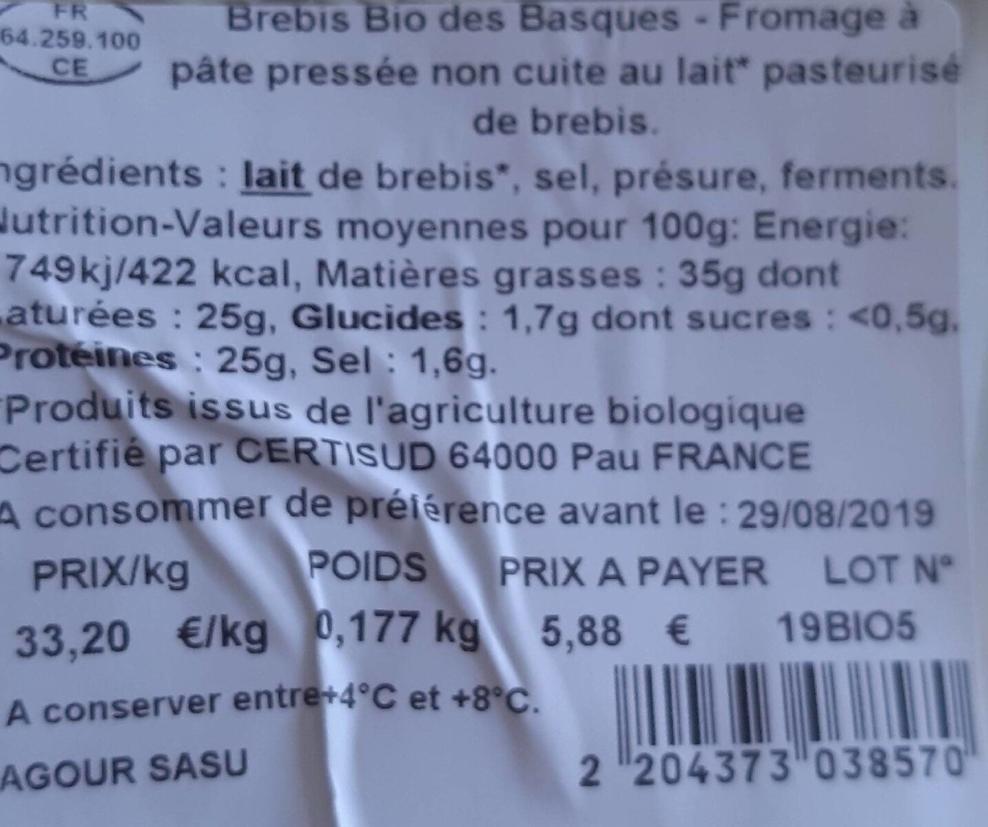 Fromage brebis basque - Nutrition facts - fr
