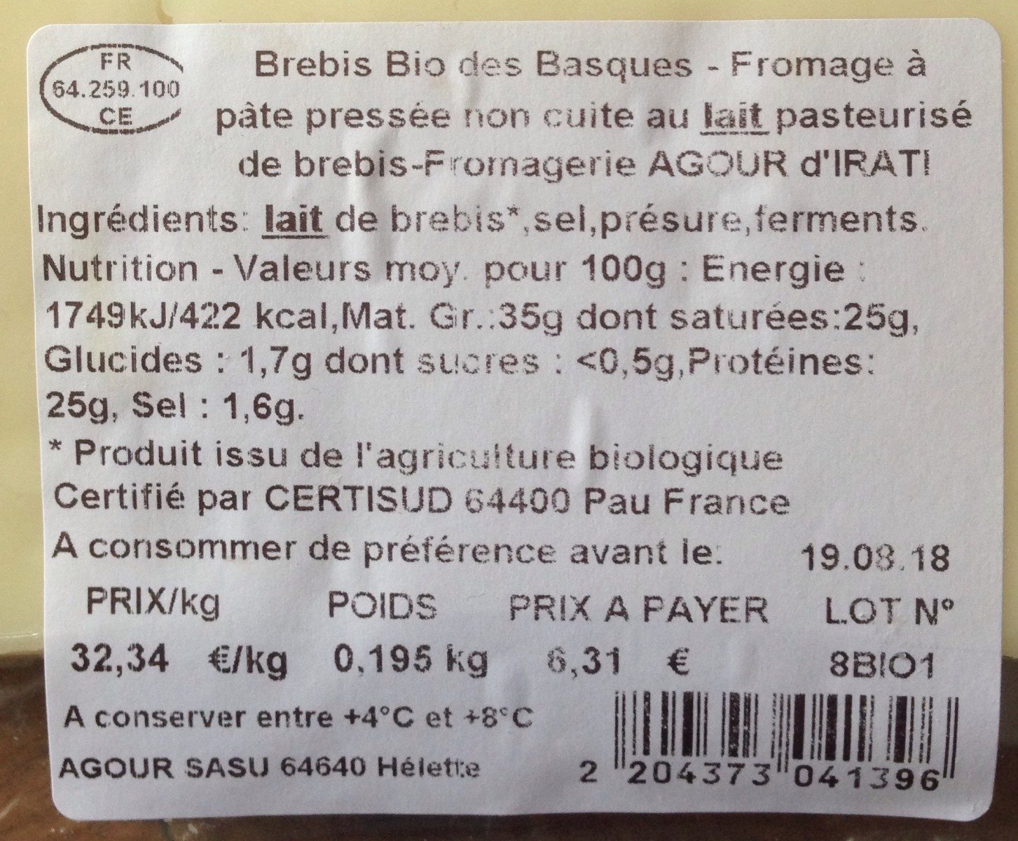 Brebis bio des basques - Ingredients - fr