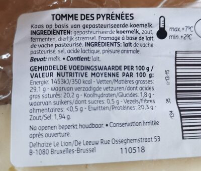 Tomme des Pyrénées - Nutrition facts - fr