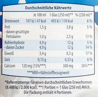 Fettarme H-Milch - حقائق غذائية - de
