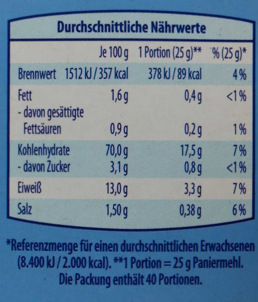 Mühlengold, Paniermehl - Tableau nutritionnel - de