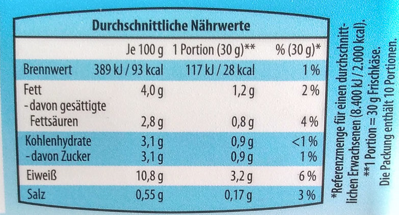 Frischkäse - Valori nutrizionali - de