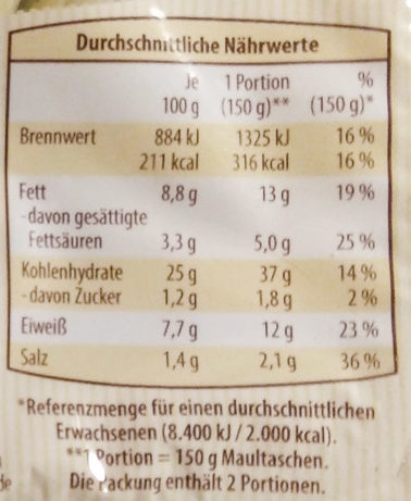 Geschnittene Maultaschen - Nutrition facts - de