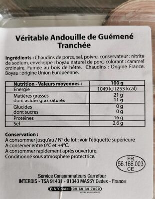 Véritable andouille de guémené fumée au bois de hêtre - Nutrition facts - fr