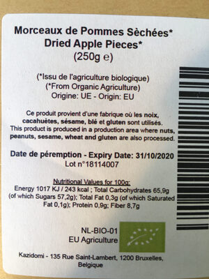 Morceaux de pommes séchées - Tableau nutritionnel