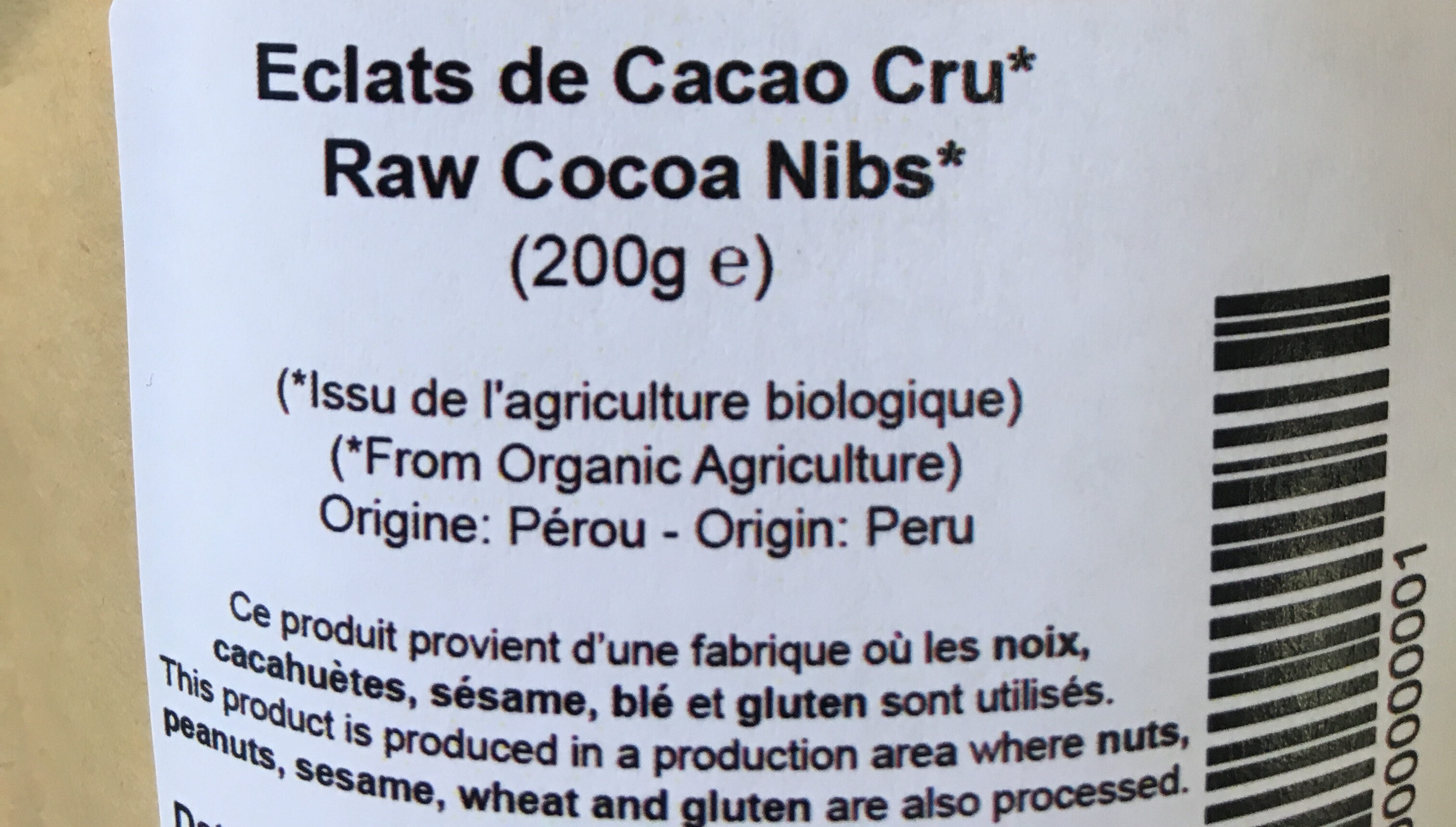 Eclats De Cacao Cru en vrac Bio - Ingredients