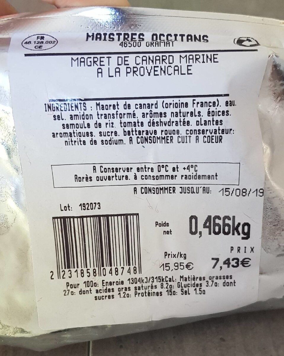 Magret de canard mariné à la provençale - Nutrition facts - fr