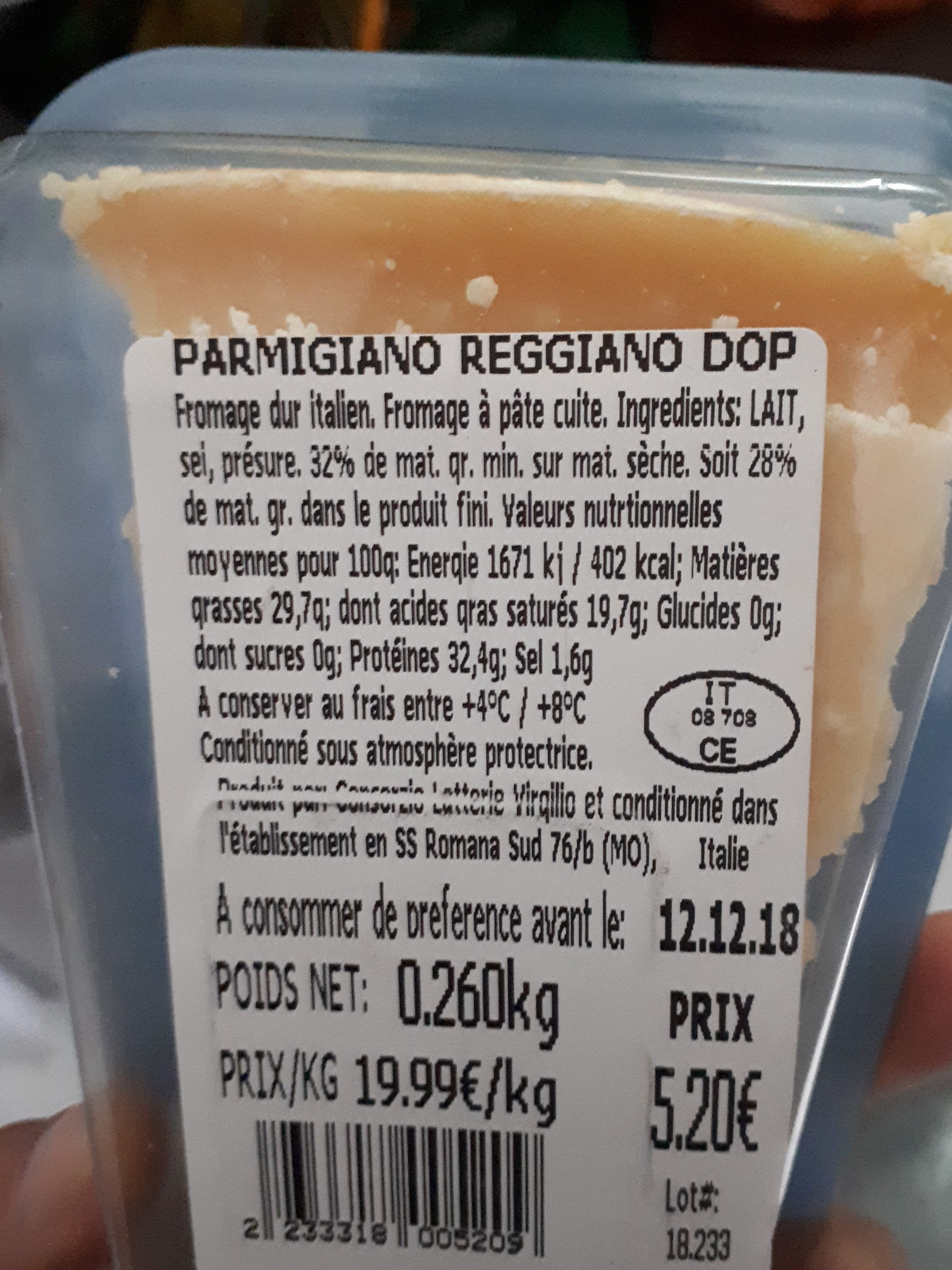 Parmigiano Reggiano 24 mois - Tableau nutritionnel