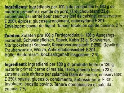 Saucisse aux choux vaudoise IGP (330 - 360 g) - Zutaten