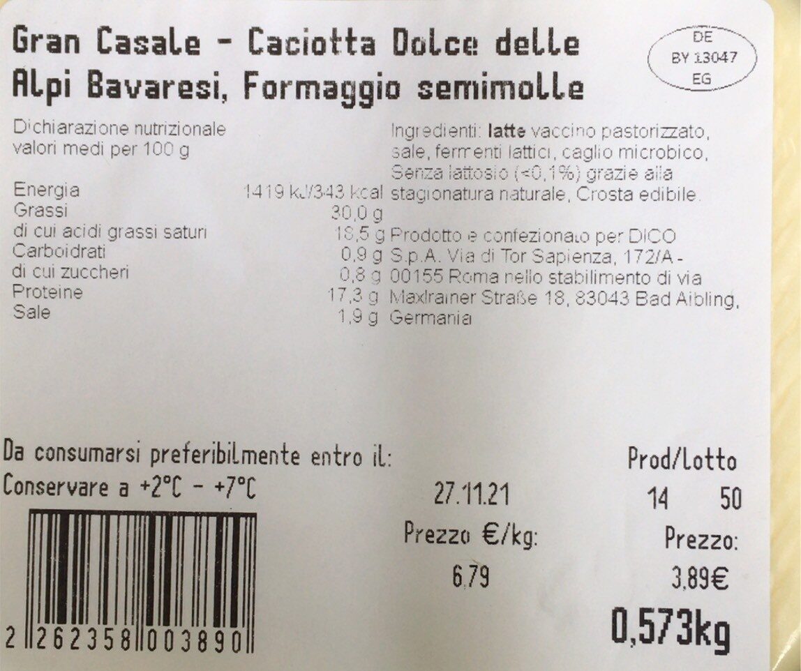 caciotta dolce - Nutrition facts - it