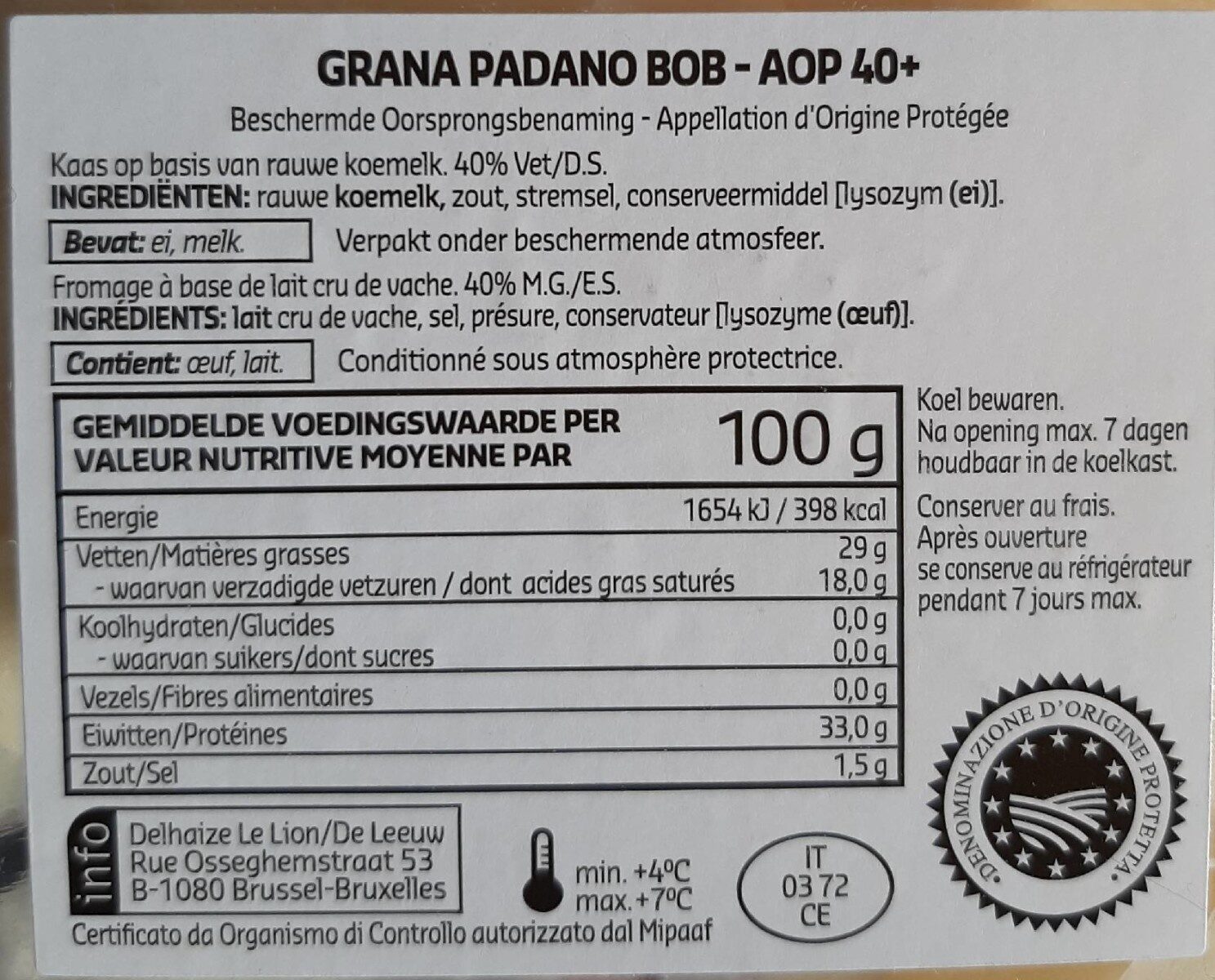 Grana Padano - Tableau nutritionnel