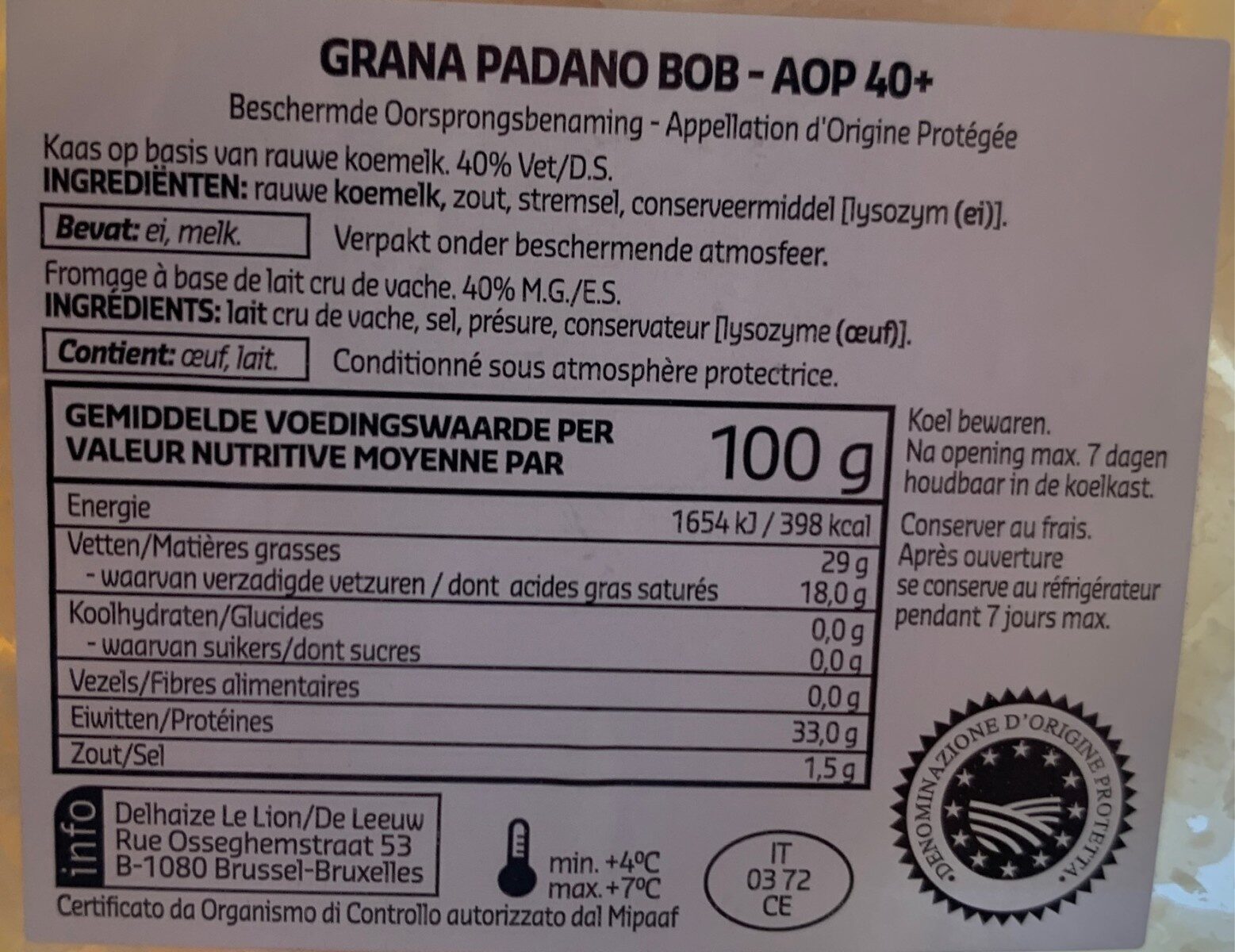 Raspadura di Grana Padano - Tableau nutritionnel