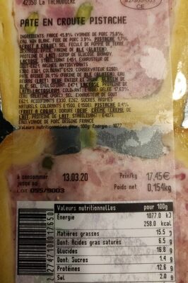 Pâte en croûte pistache - Nutrition facts - fr