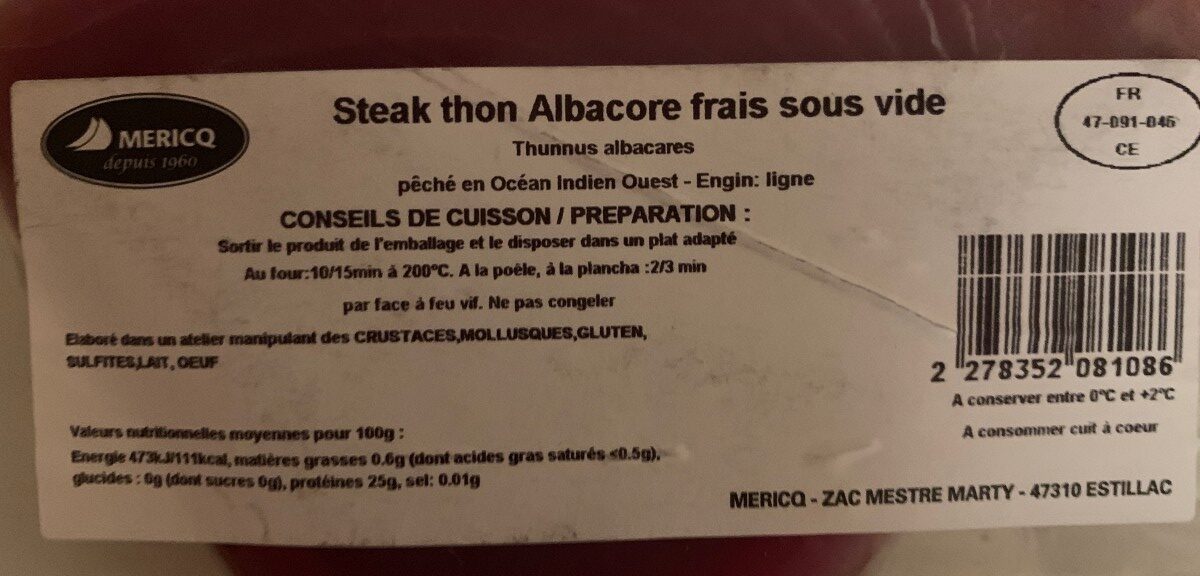 Steack thon Albacore frais sous vide - Ingredients - fr