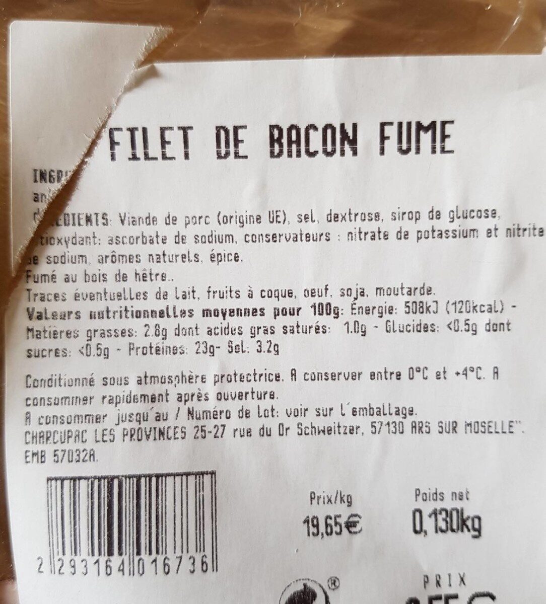 Filet de bacon fumé - Nutrition facts
