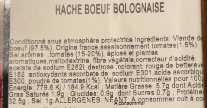 Haché bœuf bolognaise - Tableau nutritionnel