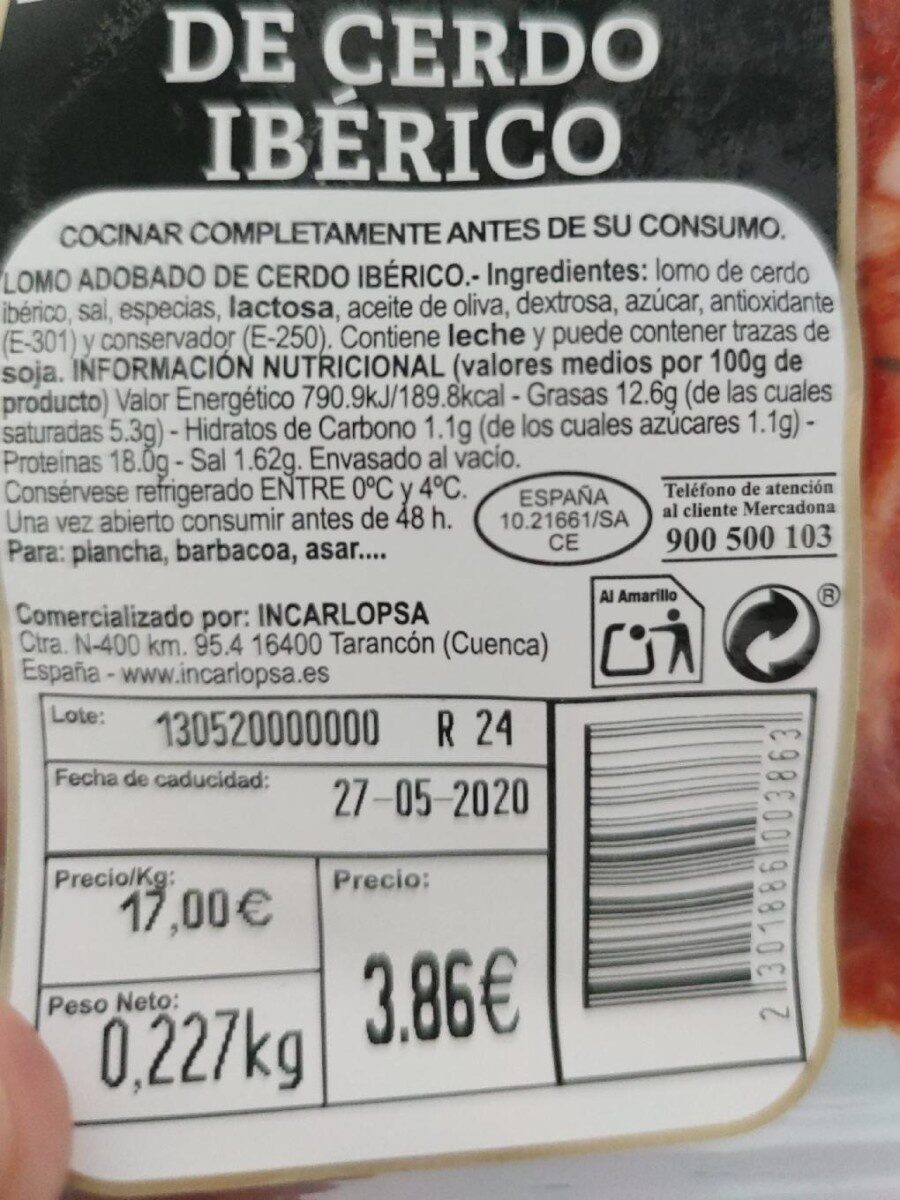 Lomo adobado de cerdo ibérico - Nutrition facts - es
