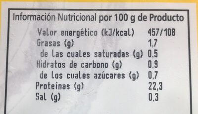 Filete de pechuga de pollo - Información nutricional