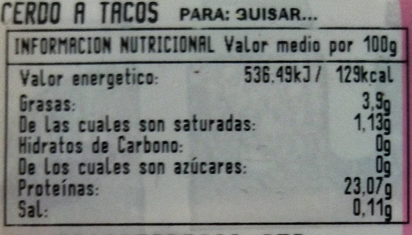 CERDO A TACOS - Nutrition facts - es
