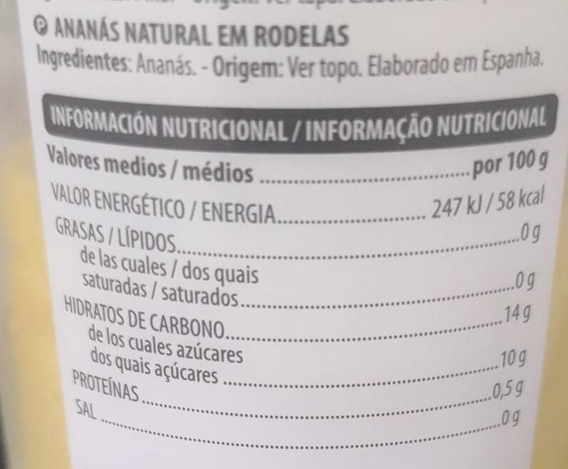 Piña Natural - Nutrition facts - es