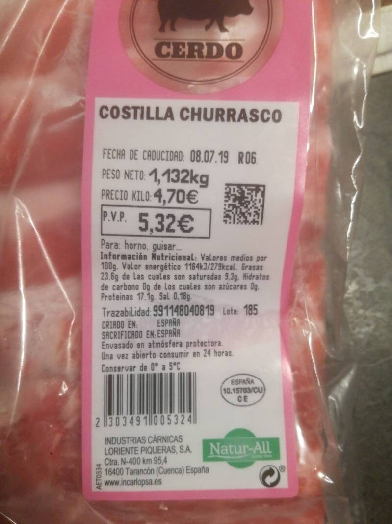 Costilla churrasco - Ingredients - es