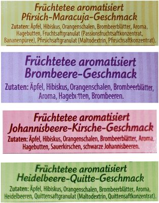 Früchtetee, lose, aromatisiert (Brombeere/Pfirsich-Maracuja/Johannisbeere-Kirsche/Heidelbeere-Quitte) - Zutaten