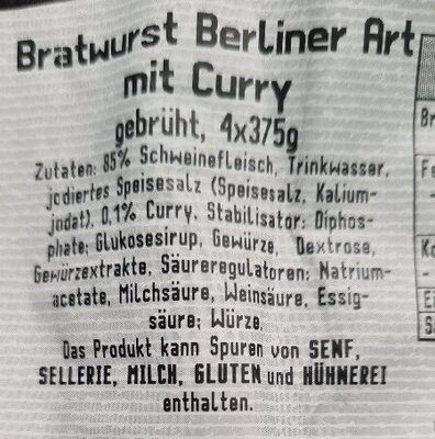 Bratwurst Berliner Art mit Curry - Ingredients - de