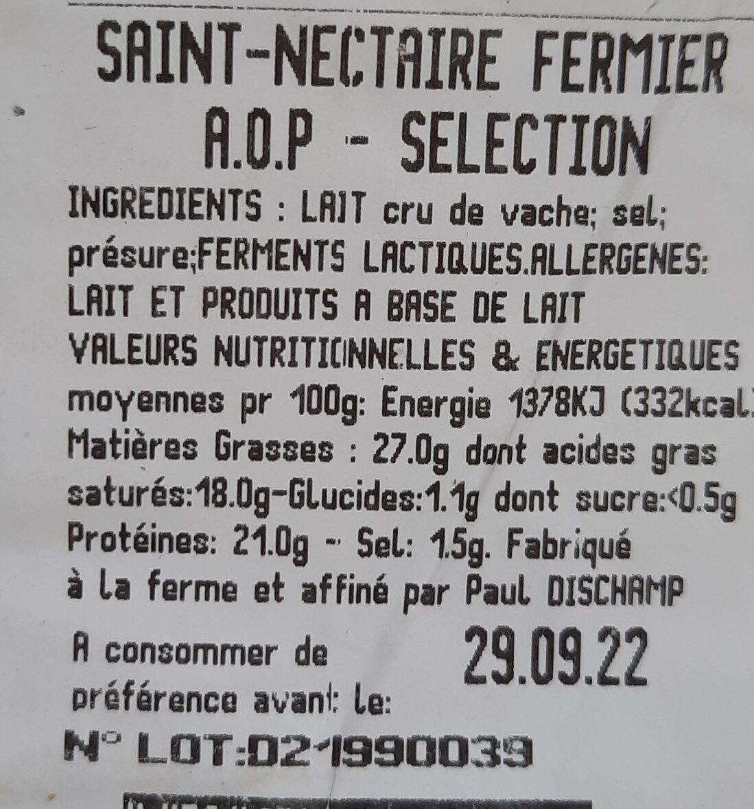Saint nectaire fermier aop sélection - Nutrition facts - fr