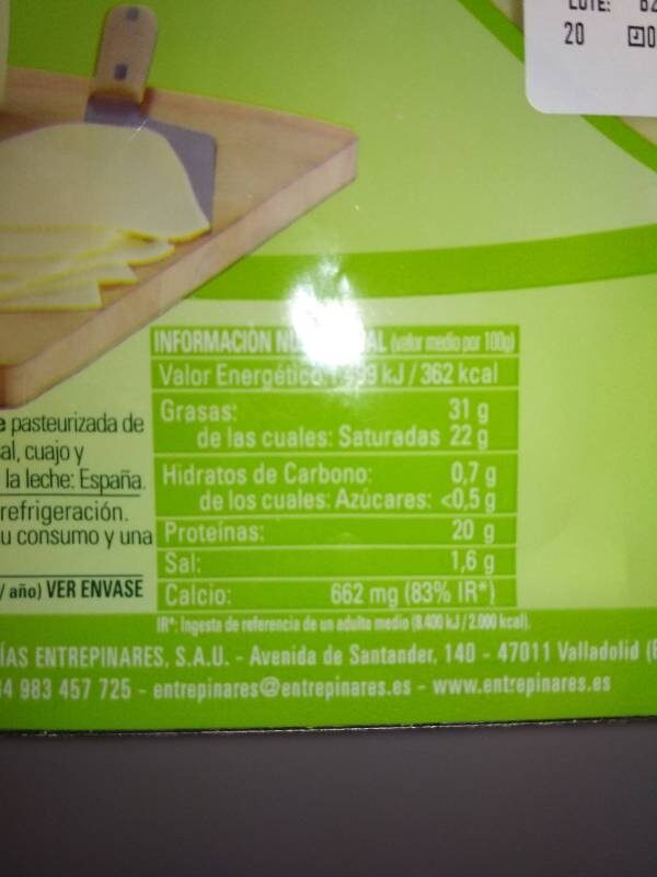 Queso de lonchas tierno - Informació nutricional - es