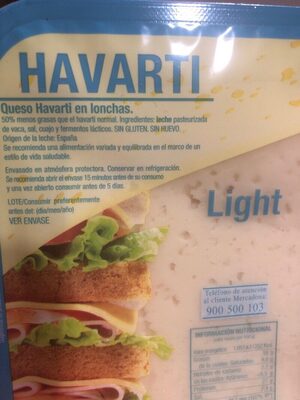 Havarti queso en lonchas light - Ingredients - es