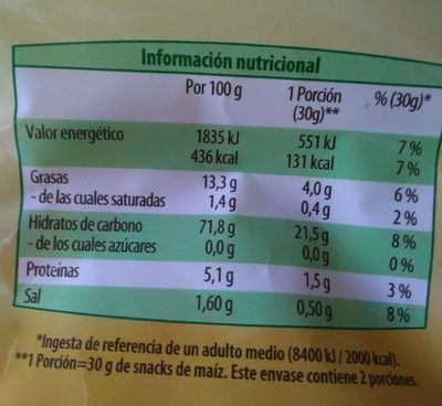 Snacks de Maiz Ecológicos - Información nutricional