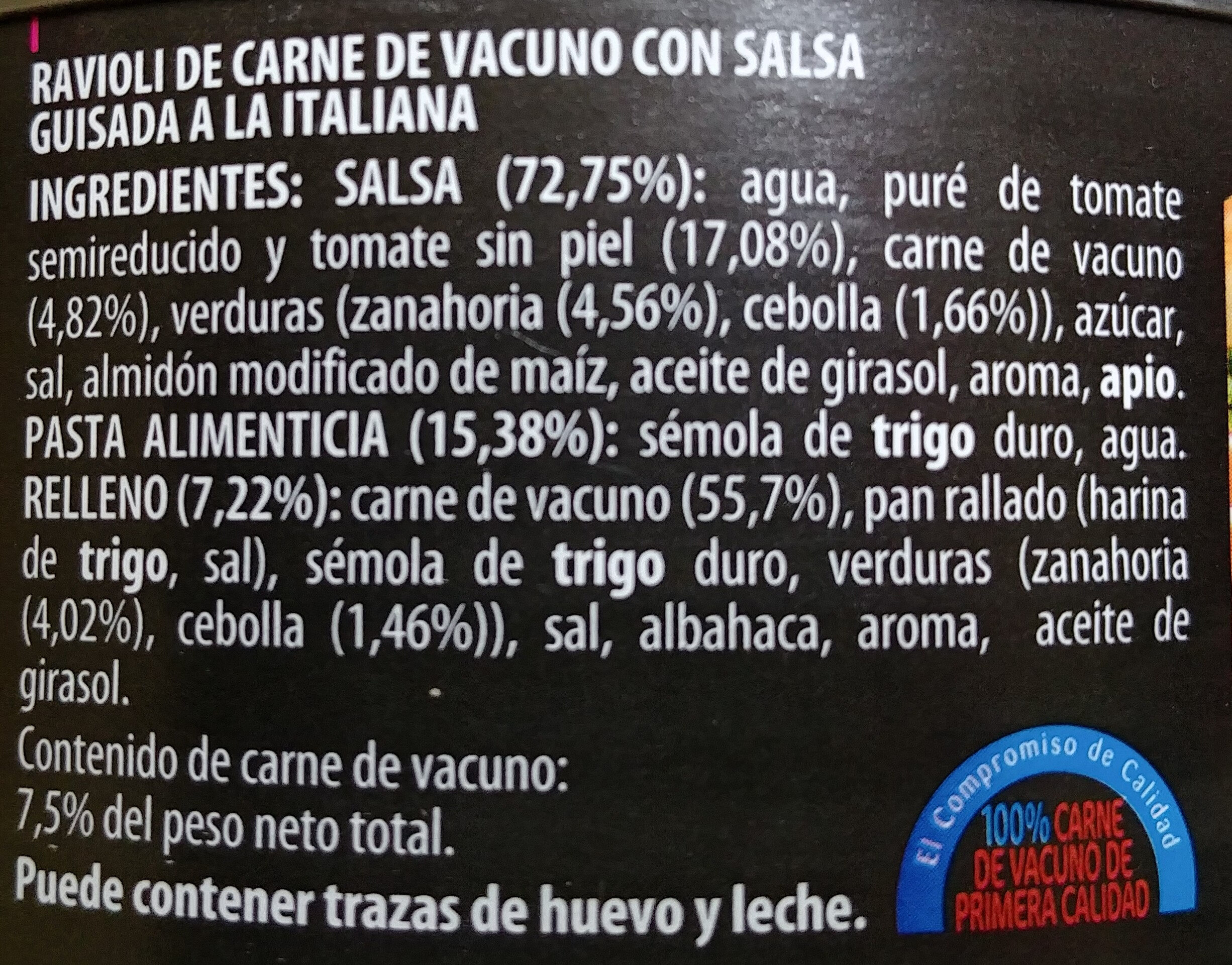 Riavoli de carne de vacuno con salsa guisada a la italiana - Ingredientes - es