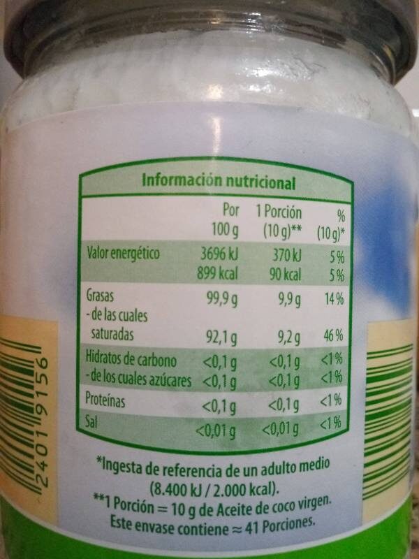 Aceite de coco virgen ecológico - Nutrition facts - es
