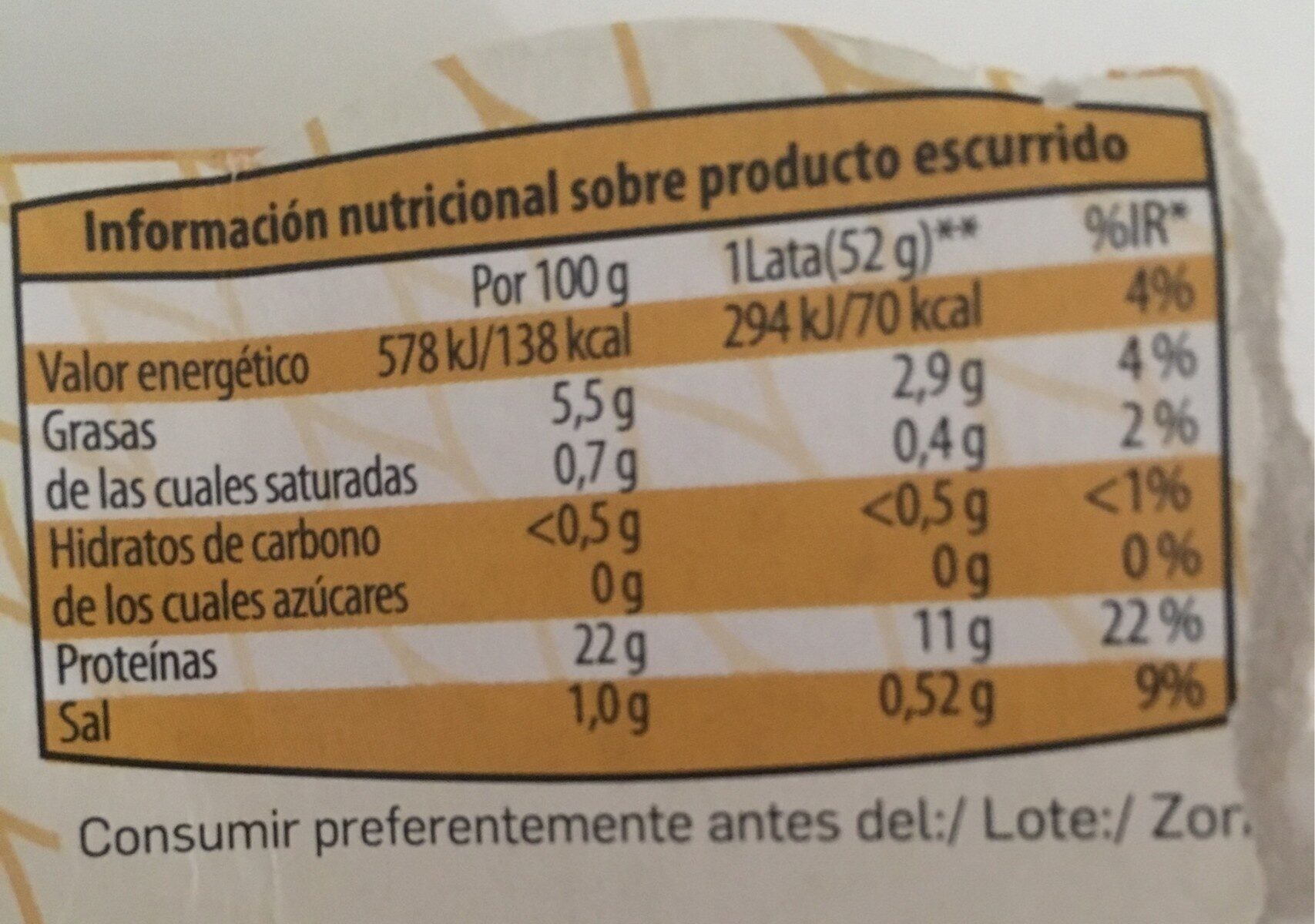 Atún claro en escabeche blanco - Nutrition facts - es