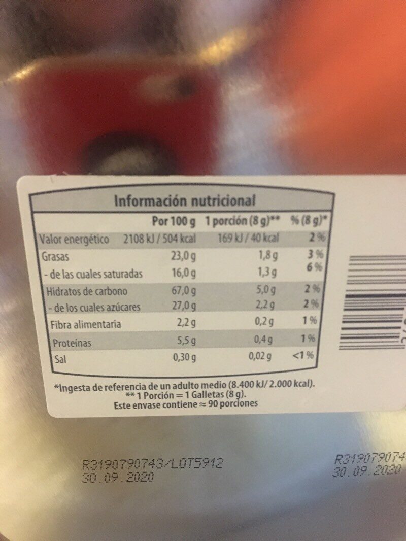 Galleta de mantequilla - Informació nutricional - es