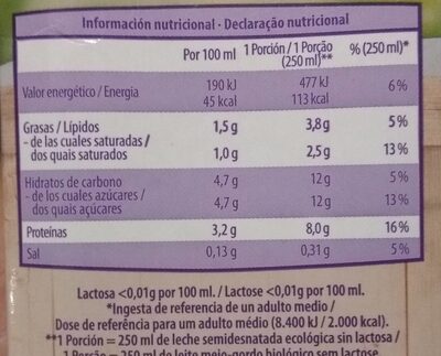 Leche ecológica sin lactosa semidesnatada - Nutrition facts - es