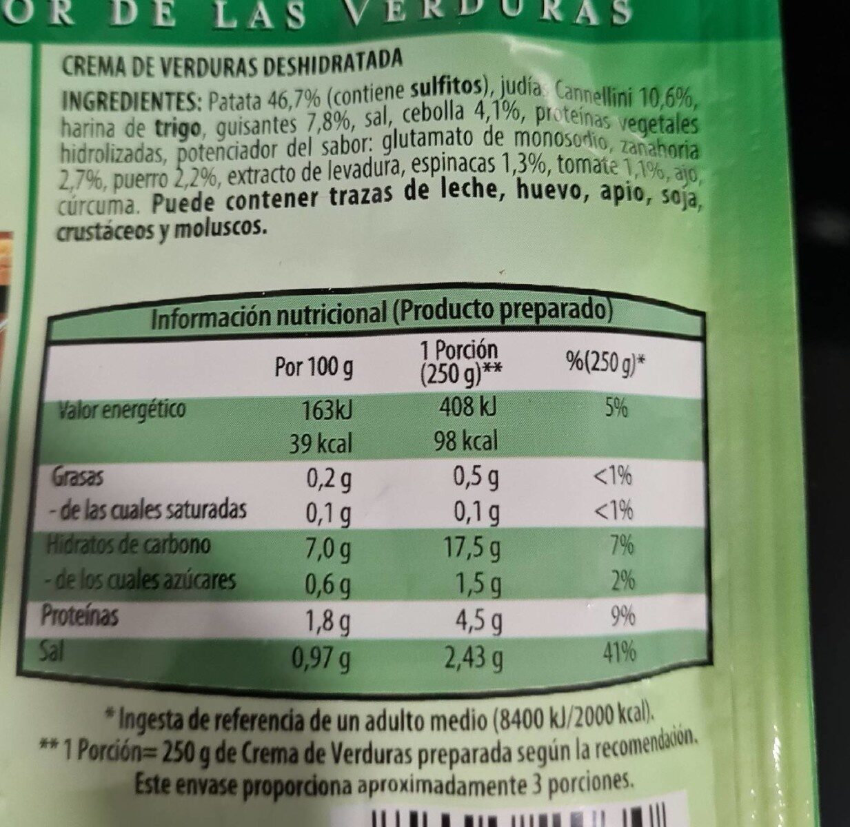 Crema de verduras - Información nutricional