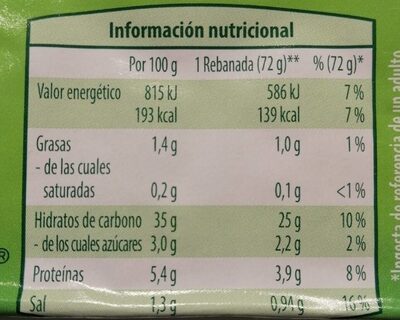 Pan integral con trigo espelta verde - Informació nutricional - es