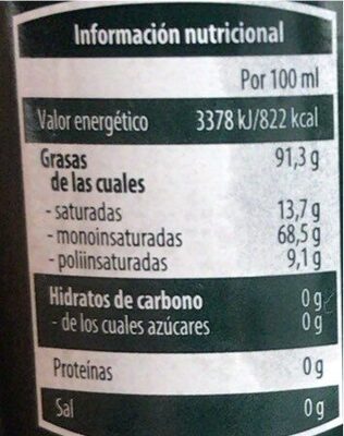 Aceite de Oliva Virgen Extra Ecologico - Tableau nutritionnel - es