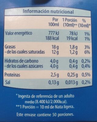 Nata ligera - Nutrition facts - es