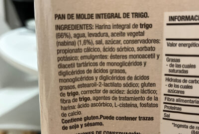 Pan de Molde integral de trigo - Ingredients - es